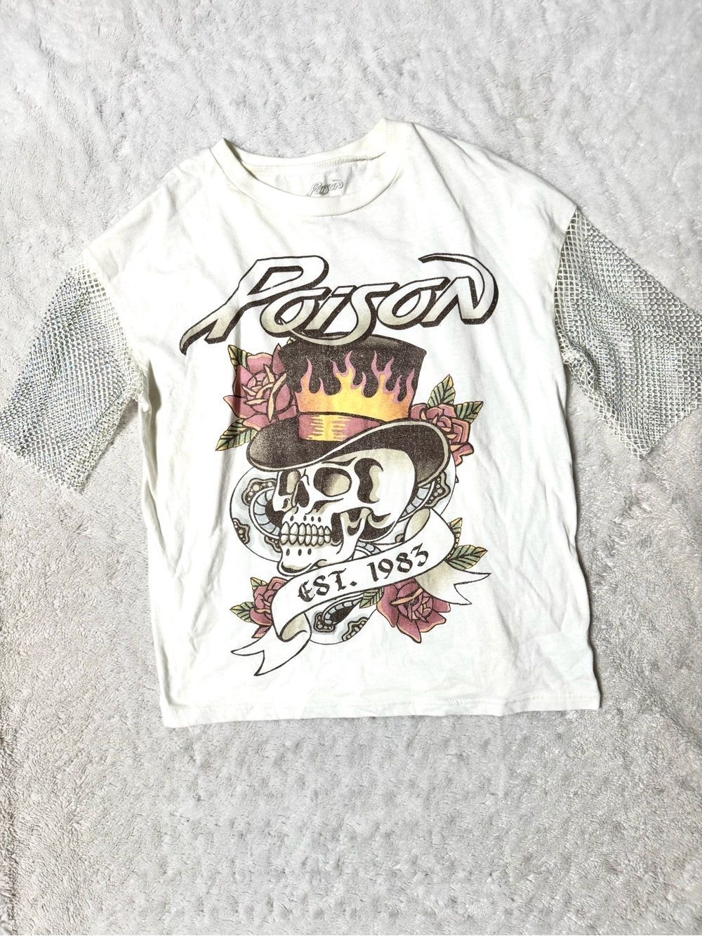 POISON Skull with Roses with mesh rhinestone sleeves graphic band tee shirt